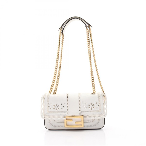 FENDI Nappa Apollo Floral Bucket chain Shoulder Bag leather White Used Women GHW
