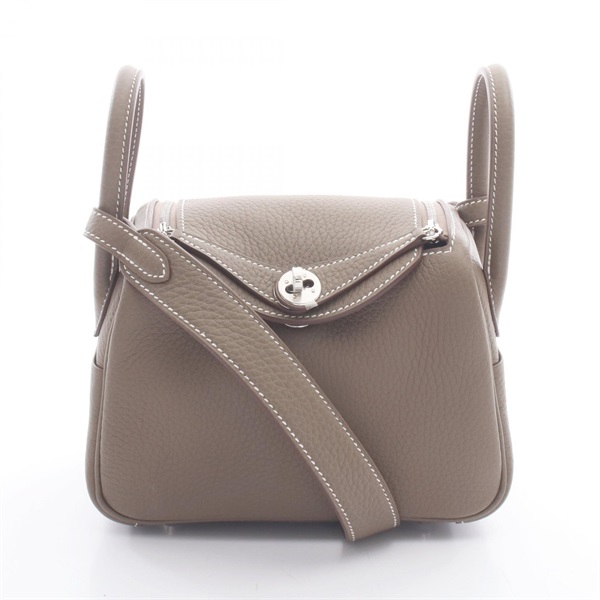 HERMES Lindy Mini Shoulder crossbody Bag G Taurillon Clemence Etoupe Gray SHW