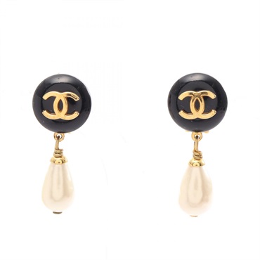 CHANEL COCO Mark Swing Earrings Gold Plated Artificial Pearl Black Used Women CC