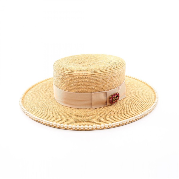 GUCCI GG Marmont Bijou Artificial Pearl Straw Hat 505454 Beige Used Women size M