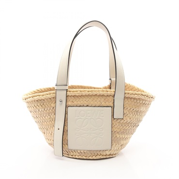 LOEWE Basket Small Shoulder Handbag leather Raffia Beige White Used Women