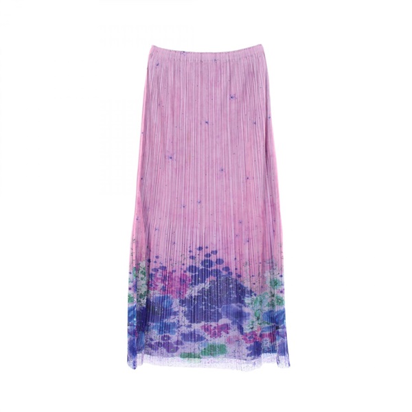 PLEATS PLEASE Pleated floral pattern Long Skirt #4 polyester Purple Blue Used