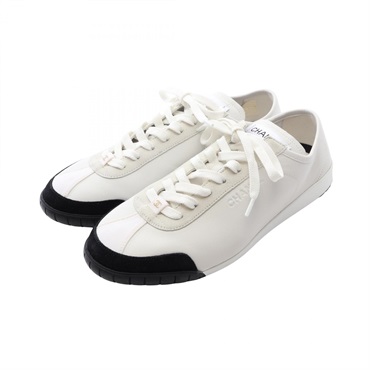 CHANEL COCO Mark logo Sneakers Shoes #42 leather Suede White Gray Black Used