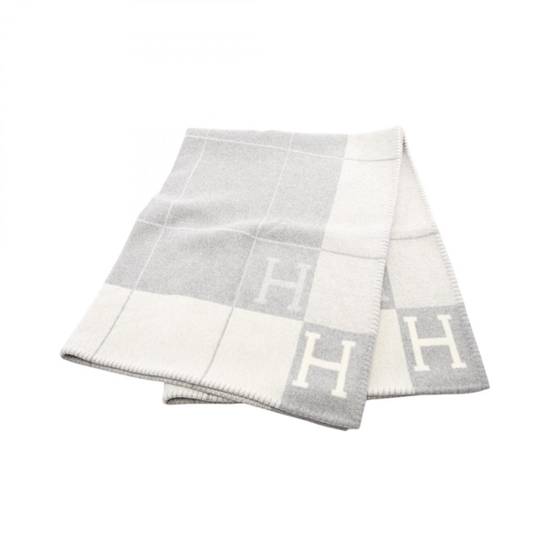 HERMES Plaid Avalon 3 Blanket Throw Shawl Stole wool cashmere Gray Used unisex