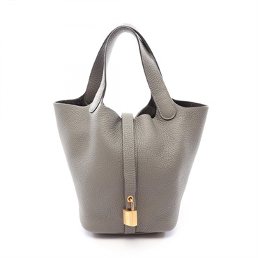 HERMES Picotin Lock PM Handbag Clemence leather Gray Grimayer Used Women U GHW