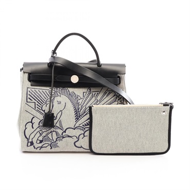 HERMES Herbag Zip PM Pegasus Pop Shoulder Handbag canvas leather Ecru SHW Used Z