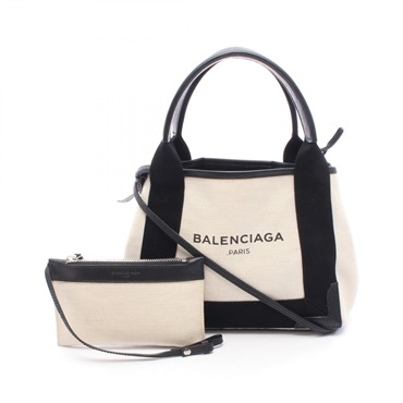 BALENCIAGA Navy Cabas XS Shoulder Handbag 390346 canvas leather Beige Black Used