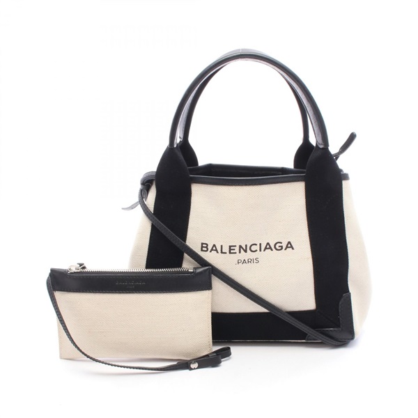 BALENCIAGA Navy Cabas XS Shoulder Handbag 390346 canvas leather Beige Black Used