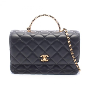 CHANEL Top Handle Matelasse Hand Chain Shoulder Bag Lamb leather Black Used GHW