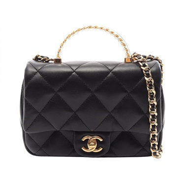 CHANEL Matelasse Top Handle chain crossbody Shoulder Bag Lambskin Black Used GHW