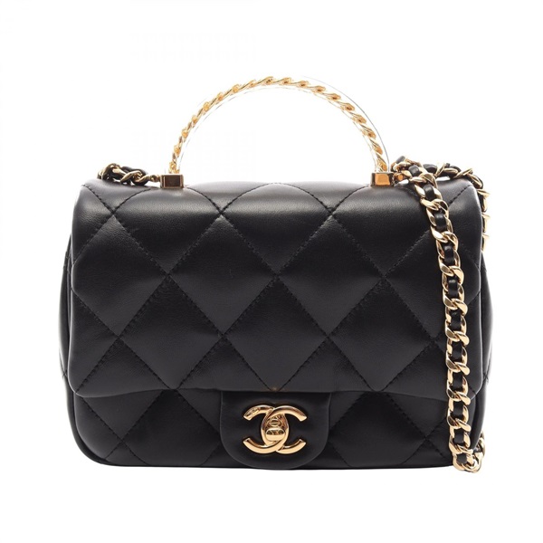 CHANEL Matelasse Top Handle chain crossbody Shoulder Bag Lambskin Black Used GHW
