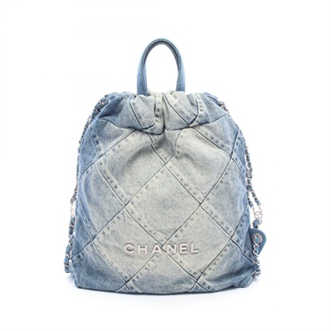 CHANEL 22 Drawstring Logo Rucksack Backpack AS3859 denim Blue Used Women