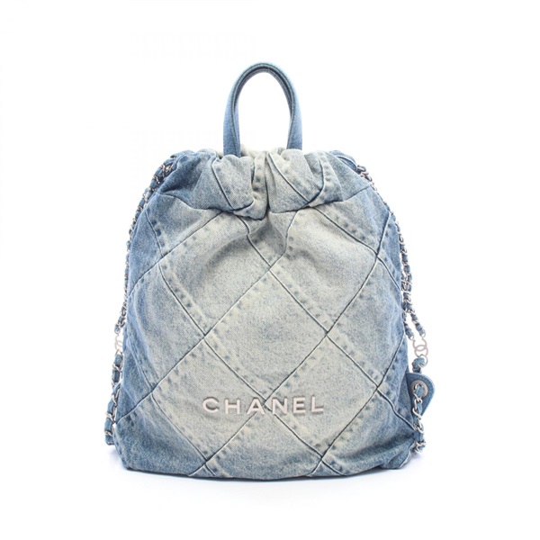 CHANEL 22 Drawstring Logo Rucksack Backpack AS3859 denim Blue Used Women