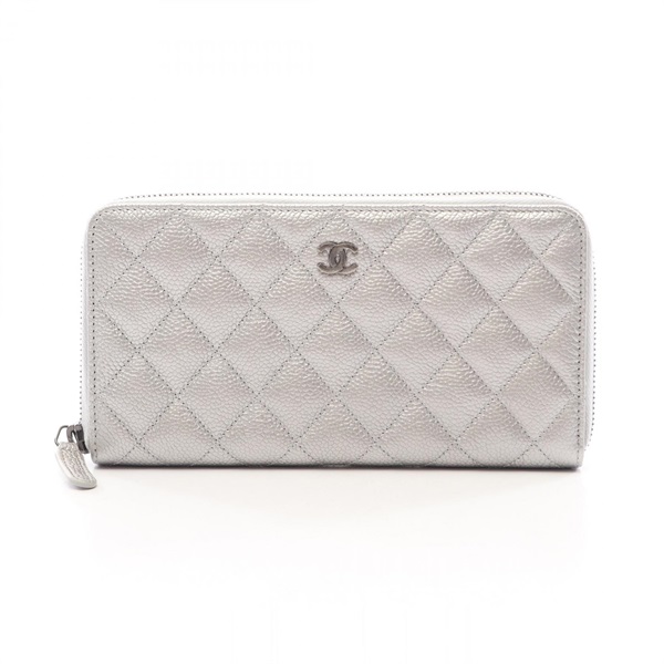 CHANEL Matelasse Around zip long wallet purse leather Silver Antique SHW Used CC