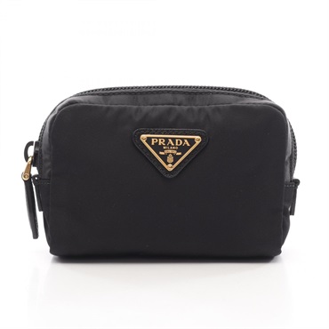 PRADA Triangular plate Pouch Case Mini Bag Nylon Saffiano leather Black Used