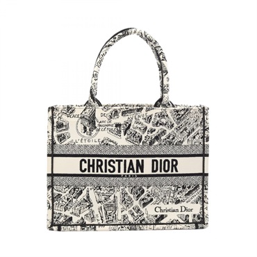 Christain Dior BOOK TOTE Medium PLAN DE PARIS hand Bag canvas Used white Black