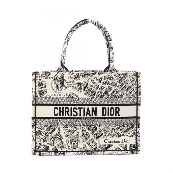 Christain Dior BOOK TOTE Medium PLAN DE PARIS hand Bag canvas Used white Black