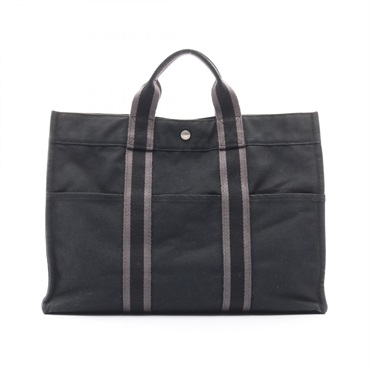 HERMES Fourre-tout MM Tote hand Bag canvas Black Gray Used SHW