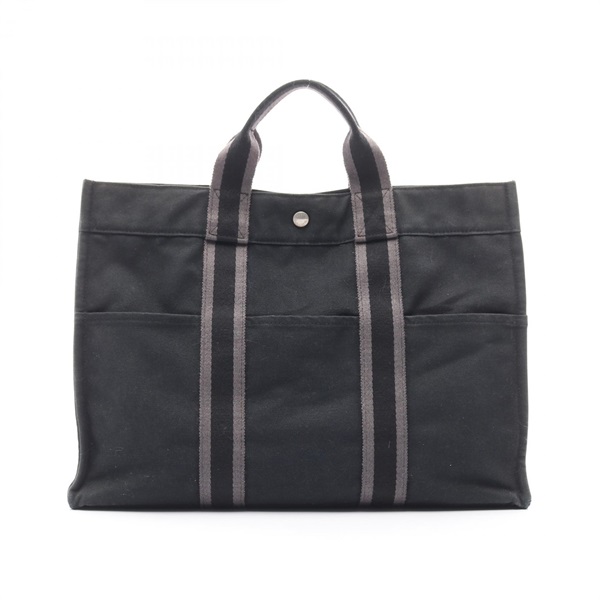 HERMES Fourre-tout MM Tote hand Bag canvas Black Gray Used SHW