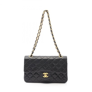 CHANEL Matelasse W flap chain Shoulder Bag Lambskin Black Used Women GHW
