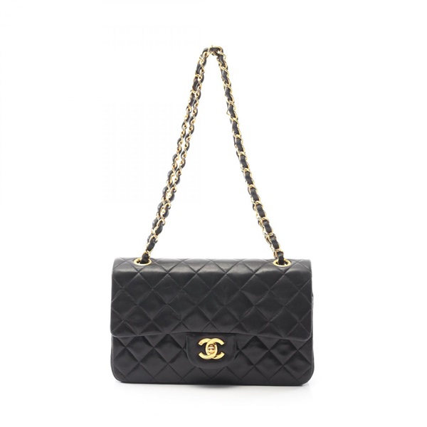 CHANEL Matelasse W flap chain Shoulder Bag Lambskin Black Used Women GHW