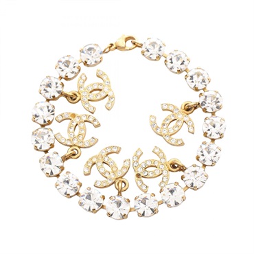 CHANEL COCO Mark Bracelet Gold Plated Crystals Rhinestones Used Women CC