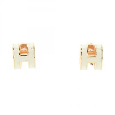 HERMES MINI POP H Pierced Earrings Gold Plated Beige Used Women