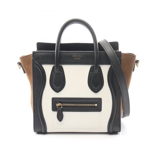 CELINE Luggage Nano Shopper Shoulder Crossbody Handbag leather Black White Used