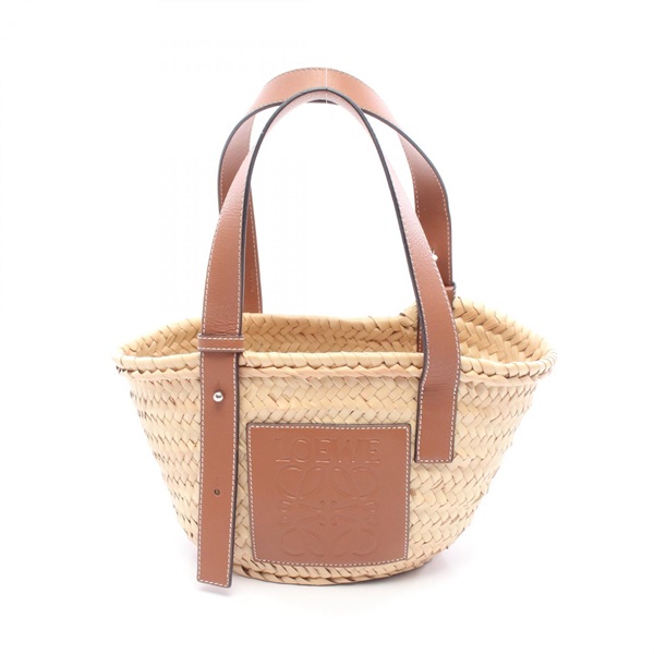 LOEWE Basket Small Shoulder Handbag leather Raffia Beige Brown Used Women