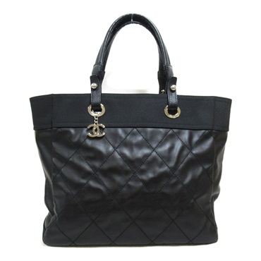 CHANEL Paris Biarritz tote MM Tote Bag PVC coated canvas Black Used Women