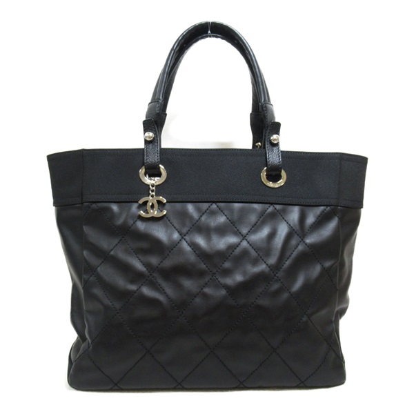 CHANEL Paris Biarritz tote MM Tote Bag PVC coated canvas Black Used Women