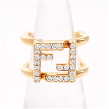 FENDI FF logo Ring #5.5 US size Gold Plated Rhinestones Used