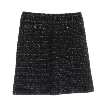 CHANEL knit tweed skirt P56994 Rayon wool Mohair Black Gold Used Women size 36