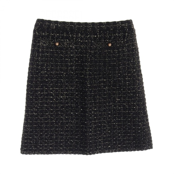 CHANEL knit tweed skirt P56994 Rayon wool Mohair Black Gold Used Women size 36
