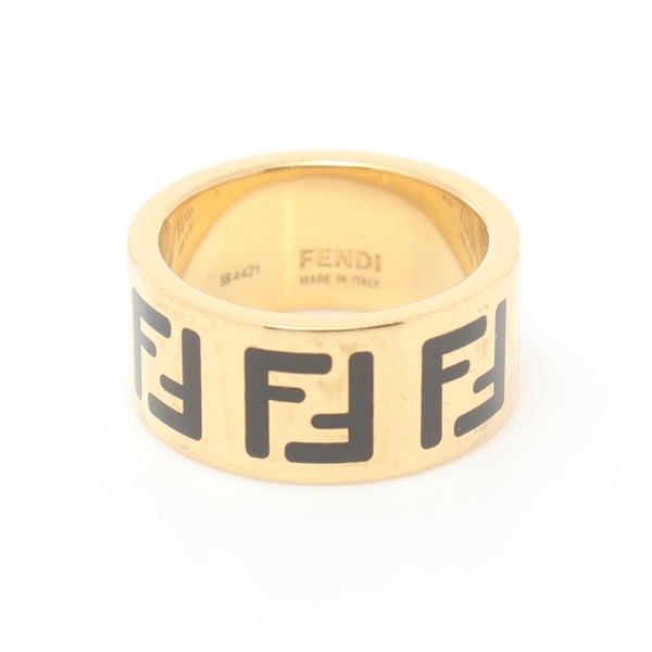 FENDI FF logo Ring Metal GHW Black Used #L US size #8.5