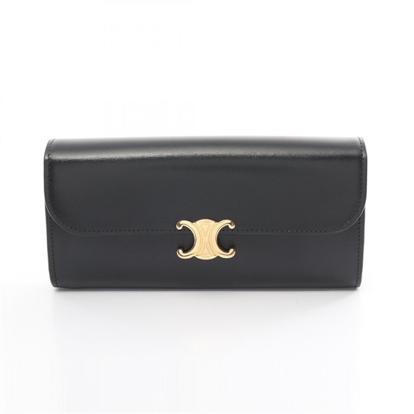 CELINE large wallet triomphe Bifold long purse 10E31 leather Black Used