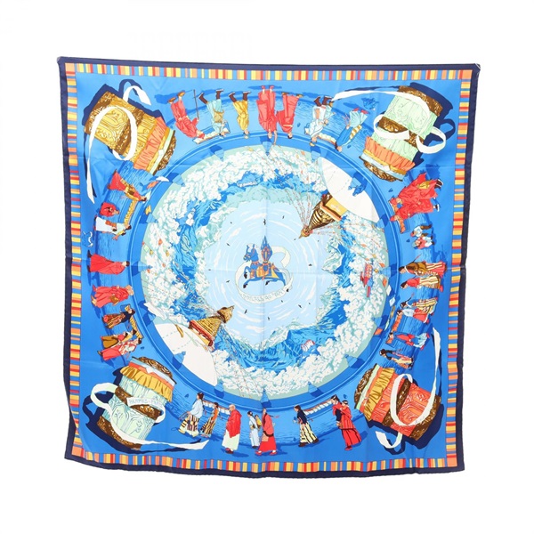 HERMES Carre90 PRIERES AU VENT Scarf silk Blue Multicolor Used Women