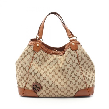 GUCCI Interlocking G GG canvas Tote hand Bag 296896 leather Beige Brown Used