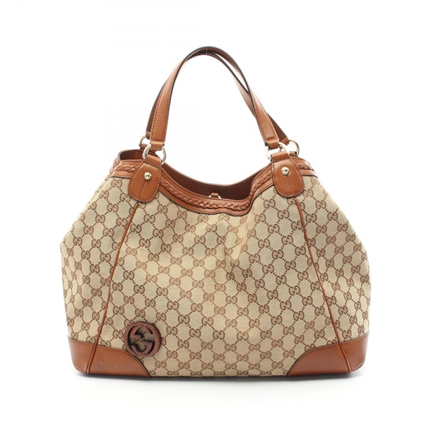 GUCCI Interlocking G GG canvas Tote hand Bag 296896 leather Beige Brown Used