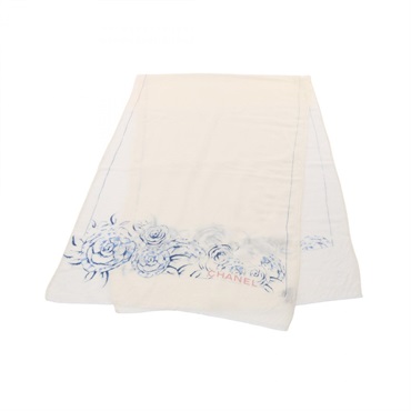 CHANEL Camelia Stole Scarf Cashmere Beige Blue 188cm x 57cm Used Women CC