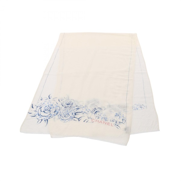 CHANEL Camelia Stole Scarf Cashmere Beige Blue 188cm x 57cm Used Women CC