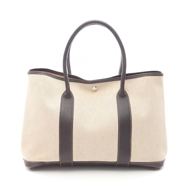 HERMES Garden party PM Tote Bag G Toile H leather Beige Brown Used SHW