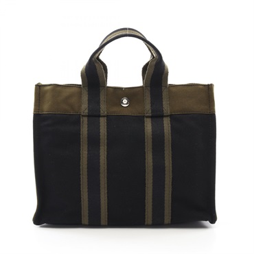 HERMES Fourre-tout PM Tote Bag canvas Black Khaki Used SHW