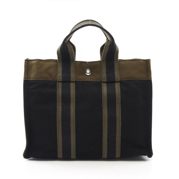 HERMES Fourre-tout PM Tote Bag canvas Black Khaki Used SHW