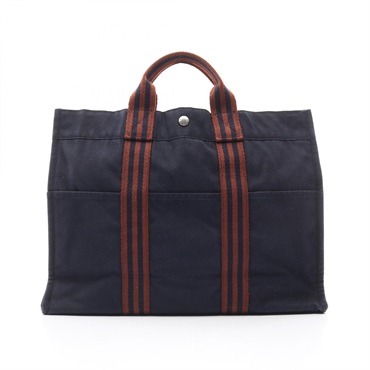 HERMES Fourre Tout MM Tote Hand Bag canvas Navy Brown Used Women SHW