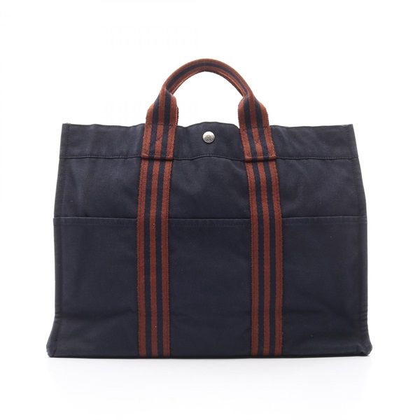 HERMES Fourre Tout MM Tote Hand Bag canvas Navy Brown Used Women SHW