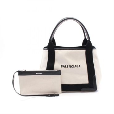 BALENCIAGA NAVY CABAS S Hand Tote Bag 339933 canvas leather Beige Black Used