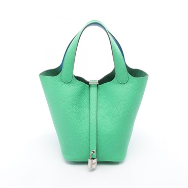 HERMES Picotin Lock Eclat PM Handbag Clemence Swift leather Green Blue used SHW