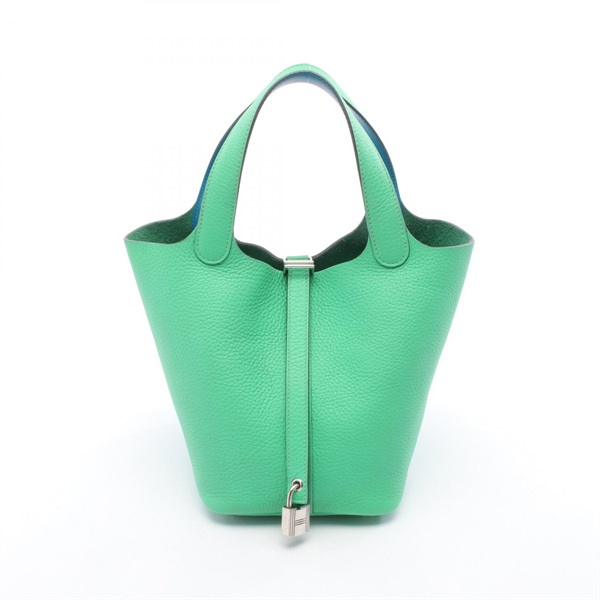 HERMES Picotin Lock Eclat PM Handbag Clemence Swift leather Green Blue used SHW
