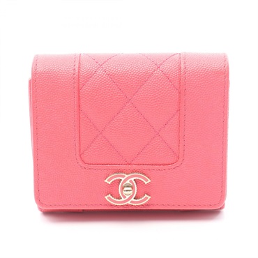 CHANEL Mademoiselle Mini Wallet leather Grained calfskin Pink Used Women GHW CC